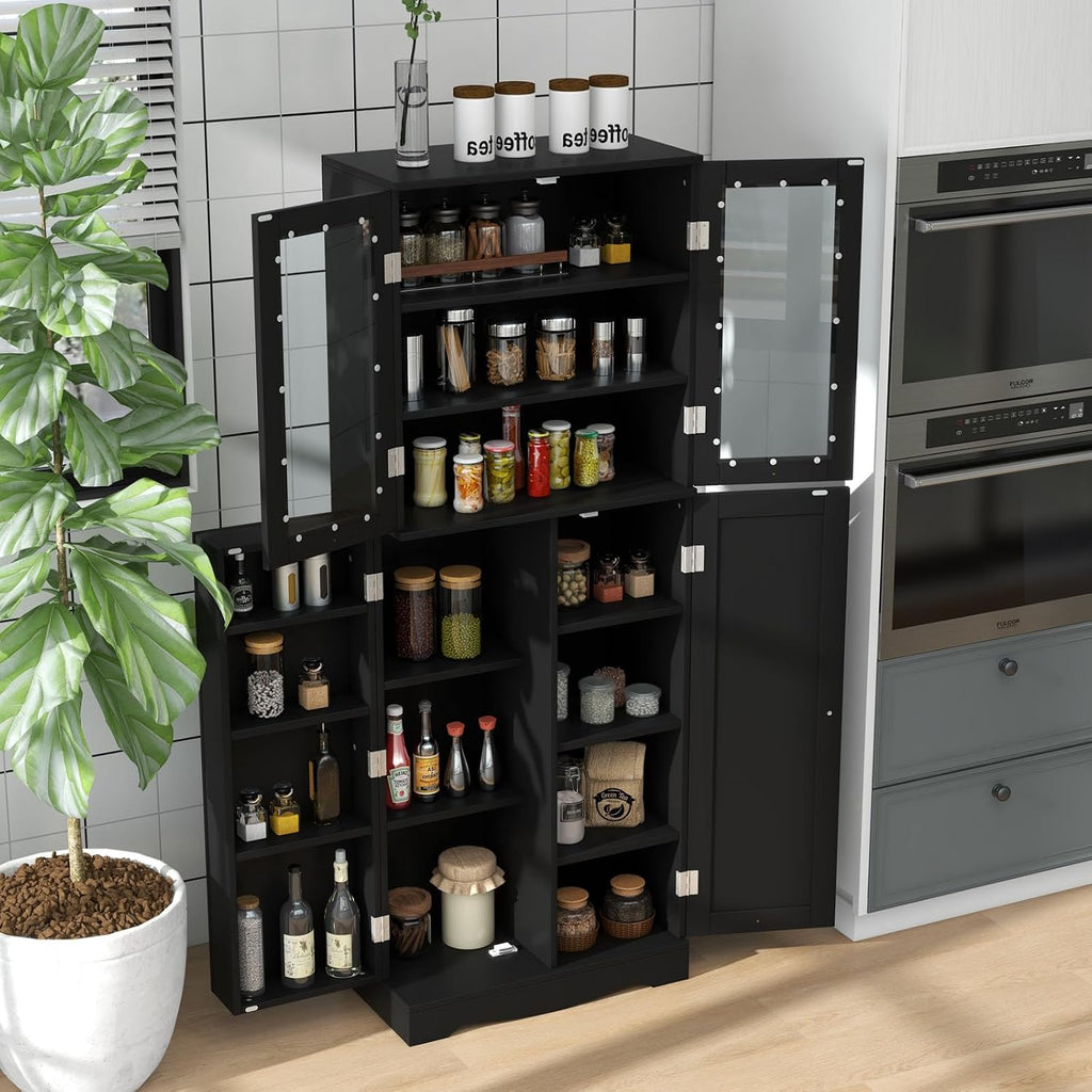 SlickBlue Tall Kitchen Pantry Cabinet with Tempered Glass Doors and Storage Shelves