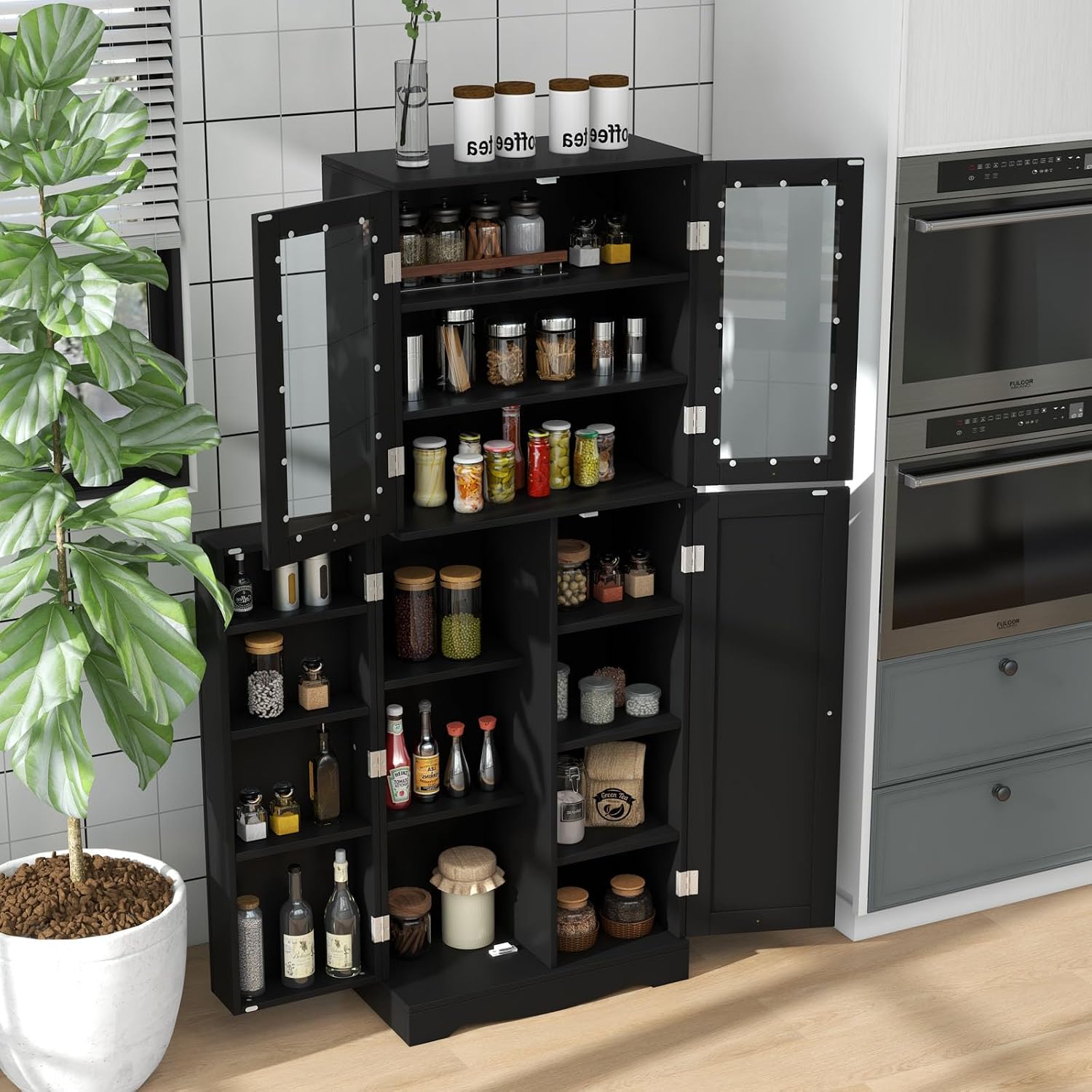 SlickBlue Tall Kitchen Pantry Cabinet with Tempered Glass Doors and Storage Shelves
