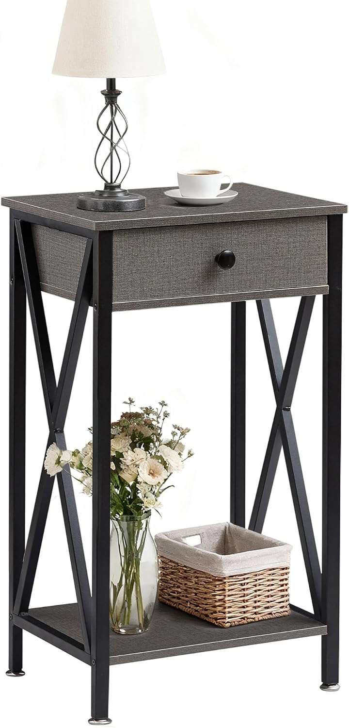 VECELO Tall Nightstand,27.6 inch Wooden End Table with Metal X-Frame,Side Table with Drawer and Storage Shelf for Living Room Bedroom Entryway Small Spaces