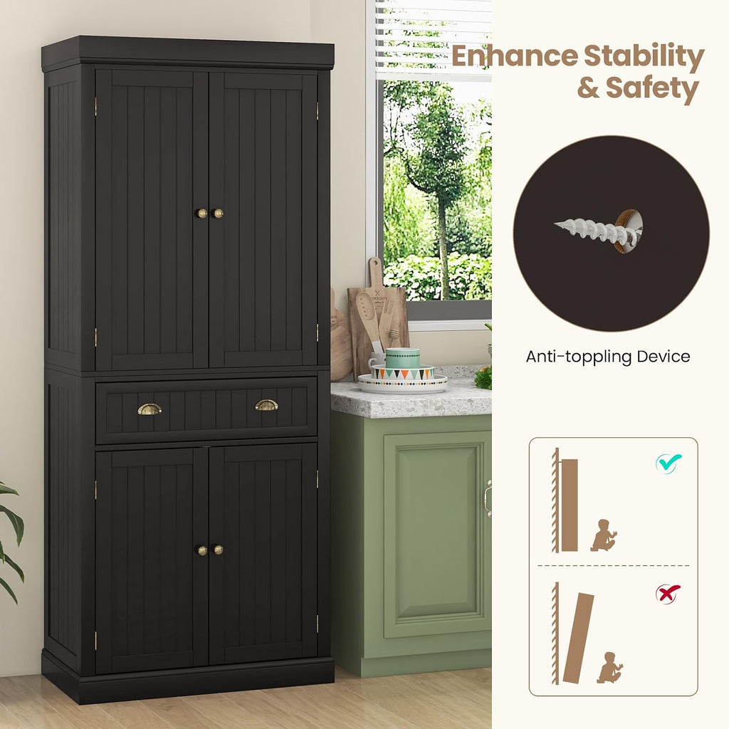Tangkula 72" H Kitchen Pantry Cupboard Cabinet, Traditional Freestanding Large Tall Storage Cabinet with 2 Cabinets and Drawer, Adjustable Shelves, for Living Room Kitchen, 30 x 16 x 72 Inch