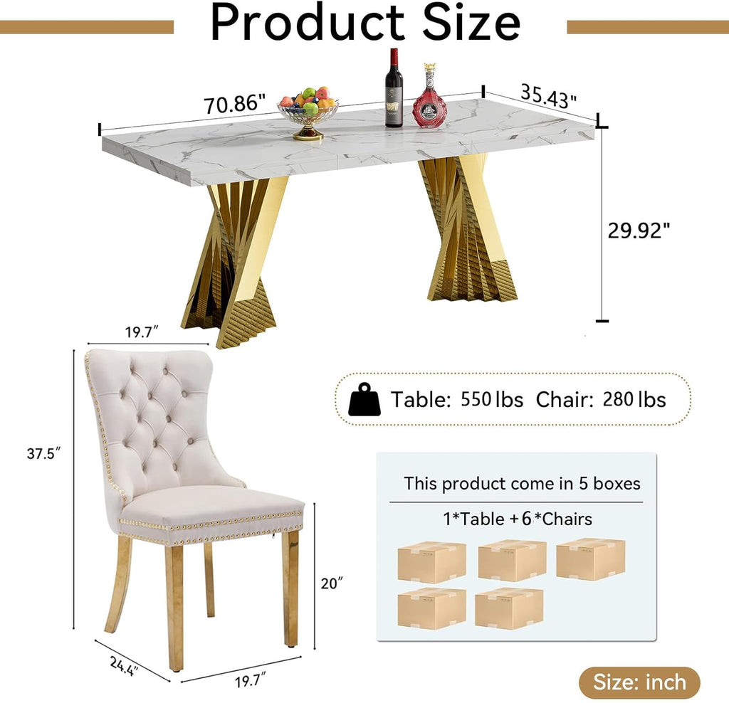 7 Piece Dining Table Set, White 70" Marble Dining Table with 6 Beige Velvet Chairs, Luxury Faux Marble Dining Room Table Set for 6, Modern Kitchen Table and Chairs Set for Home Furniture