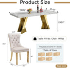 7 Piece Dining Table Set, White 70" Marble Dining Table with 6 Beige Velvet Chairs, Luxury Faux Marble Dining Room Table Set for 6, Modern Kitchen Table and Chairs Set for Home Furniture