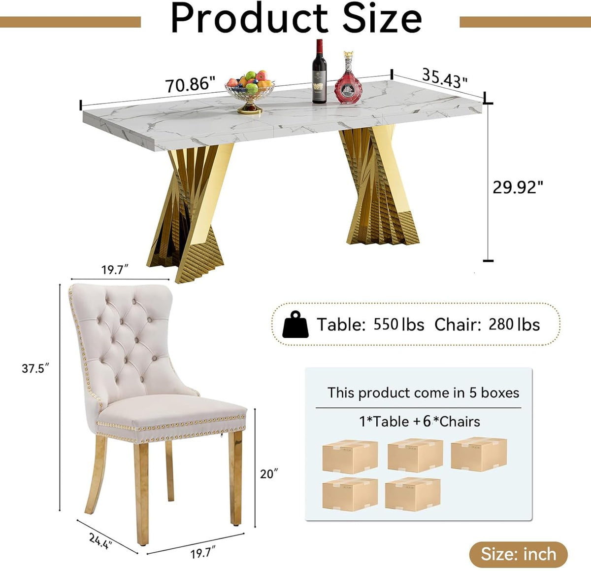 7 Piece Dining Table Set, White 70" Marble Dining Table with 6 Beige Velvet Chairs, Luxury Faux Marble Dining Room Table Set for 6, Modern Kitchen Table and Chairs Set for Home Furniture