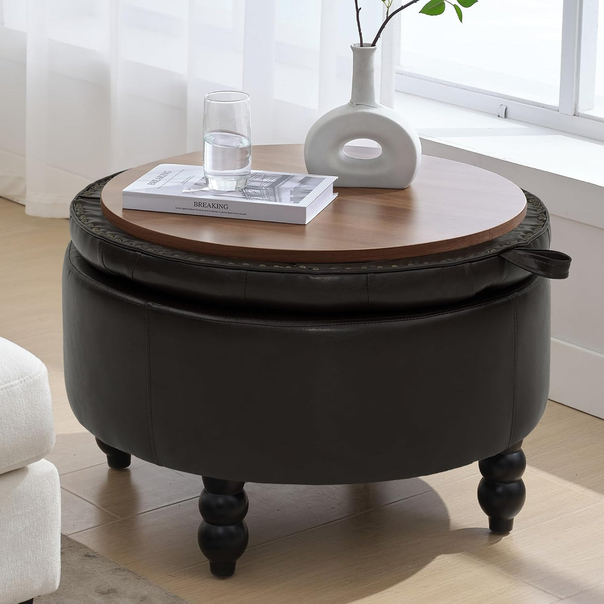 30 Inch PU Leather Round Storage Ottoman with Tray, Modern Upholstered Tufted Coffee Table with Storage, Large Ottoman Footrest Stool for Living Room, Bedroom, Dorm, Dark Brown