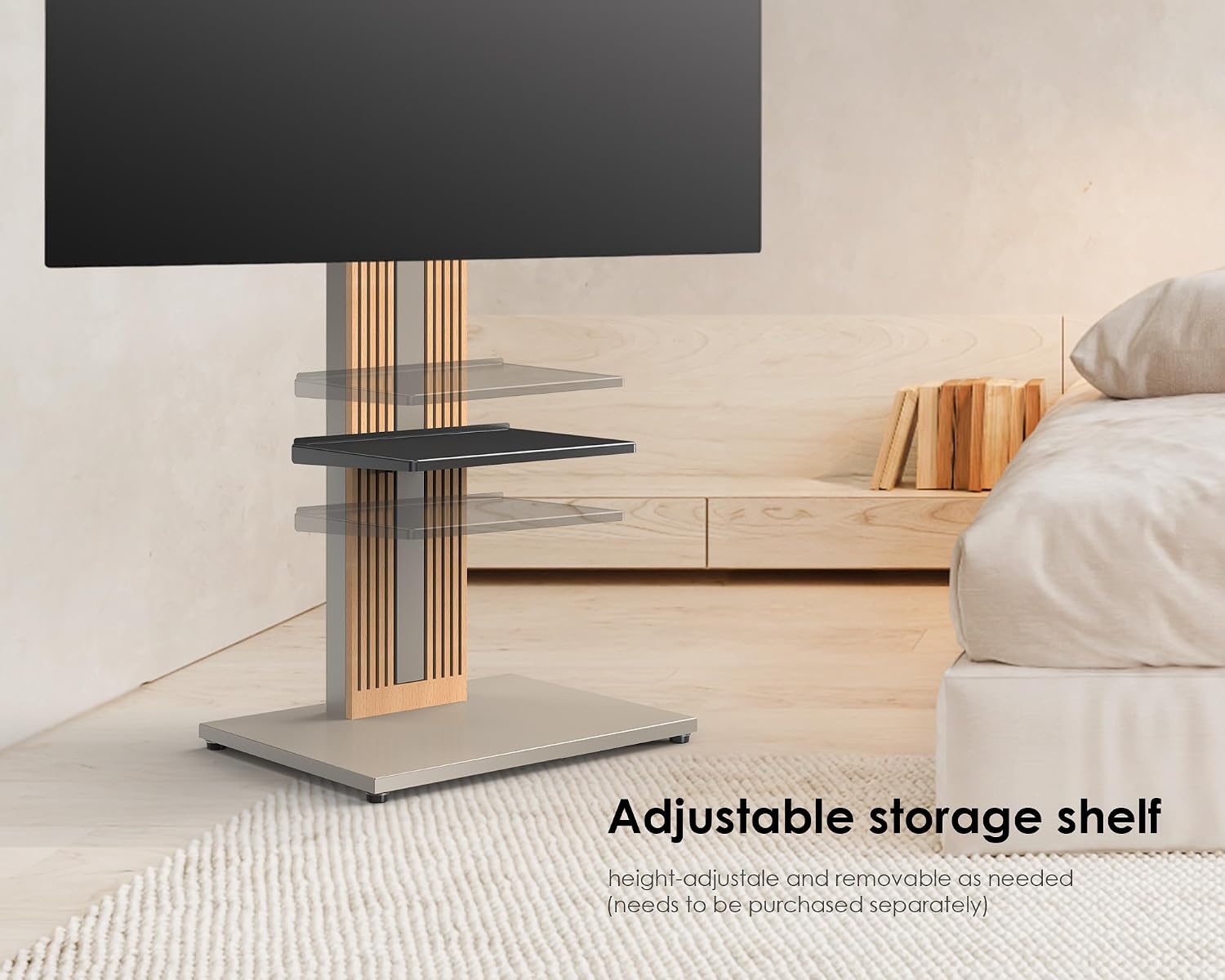 FITUEYES Floor TV Stand for 32-65" TV with Hidden Back Storage,Morandi Grey | Height Adjustable, Wood TV Stand Swivel, Scandinavian Style, Tall TV Stand for Home Decor with Reinforced Base, Zen Series