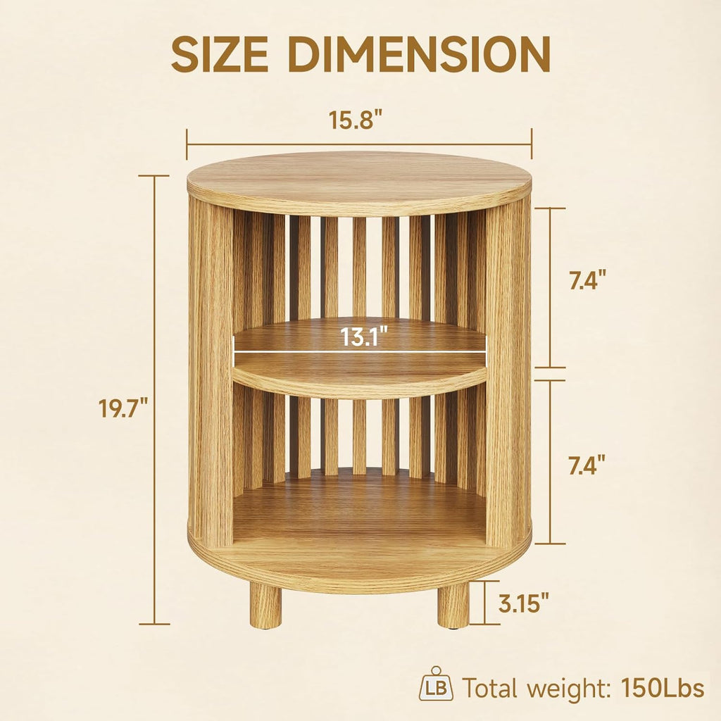 Round End Table, Wood Bedside Table, Mid Century Modern Nightstand with Open Storage Shelf, 3 Tier Small Side Tables for Living Room, Bedroom, Curved Profile Design, Natural Oak(1-Pack)