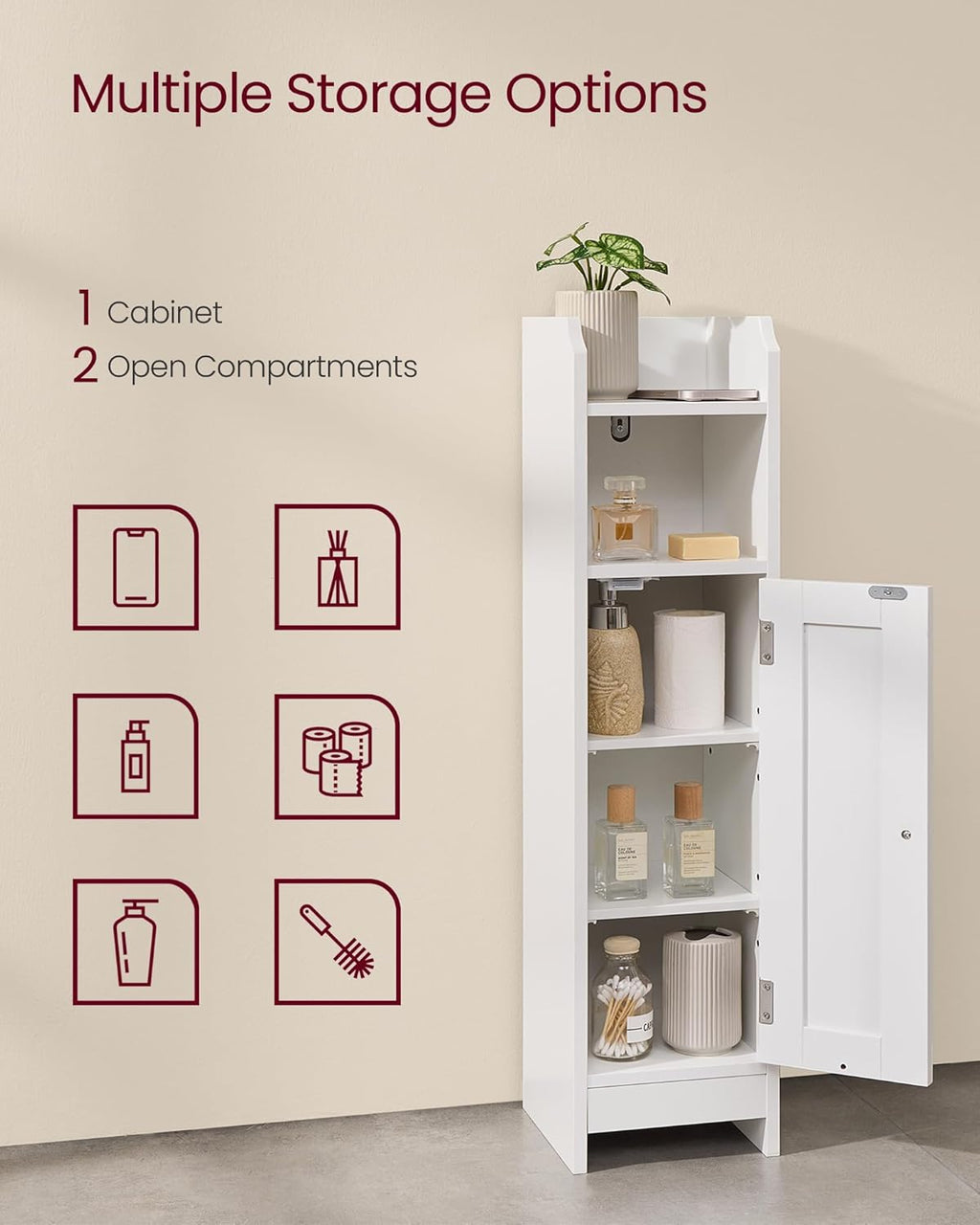 VASAGLE Small Storage Corner Floor Cabinet with Door, 7.9 x 7.1 x 31.5 Inches, Narrow Toilet Paper Storage Holder, Adjustable Shelves, for Bathroom, Living Room, Small Spaces, Cloud White UBBC310W01