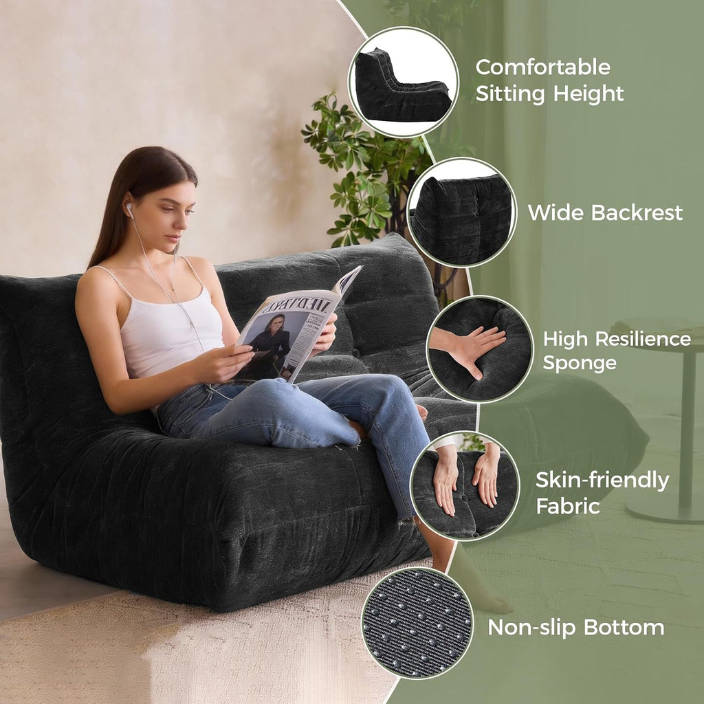 SUYOLS Bean Bag Chair, Loveseat Fireside Chair Large Bean Bag Sofa for Adults, Memory Foam Two Seater Couch Gaming Chairs with Comfy Design, Lazy Floor Sofa for Living Room, Bedroom, Dark Gray