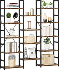 NUMENN Triple Column 5 Tier Bookshelf with 14 Adjustable Shelves, Vintage | Metal Frame & Wood Shelves, Open Freestanding Storage Unit with Supporting Bars for Bedroom, Living Room and Home Office