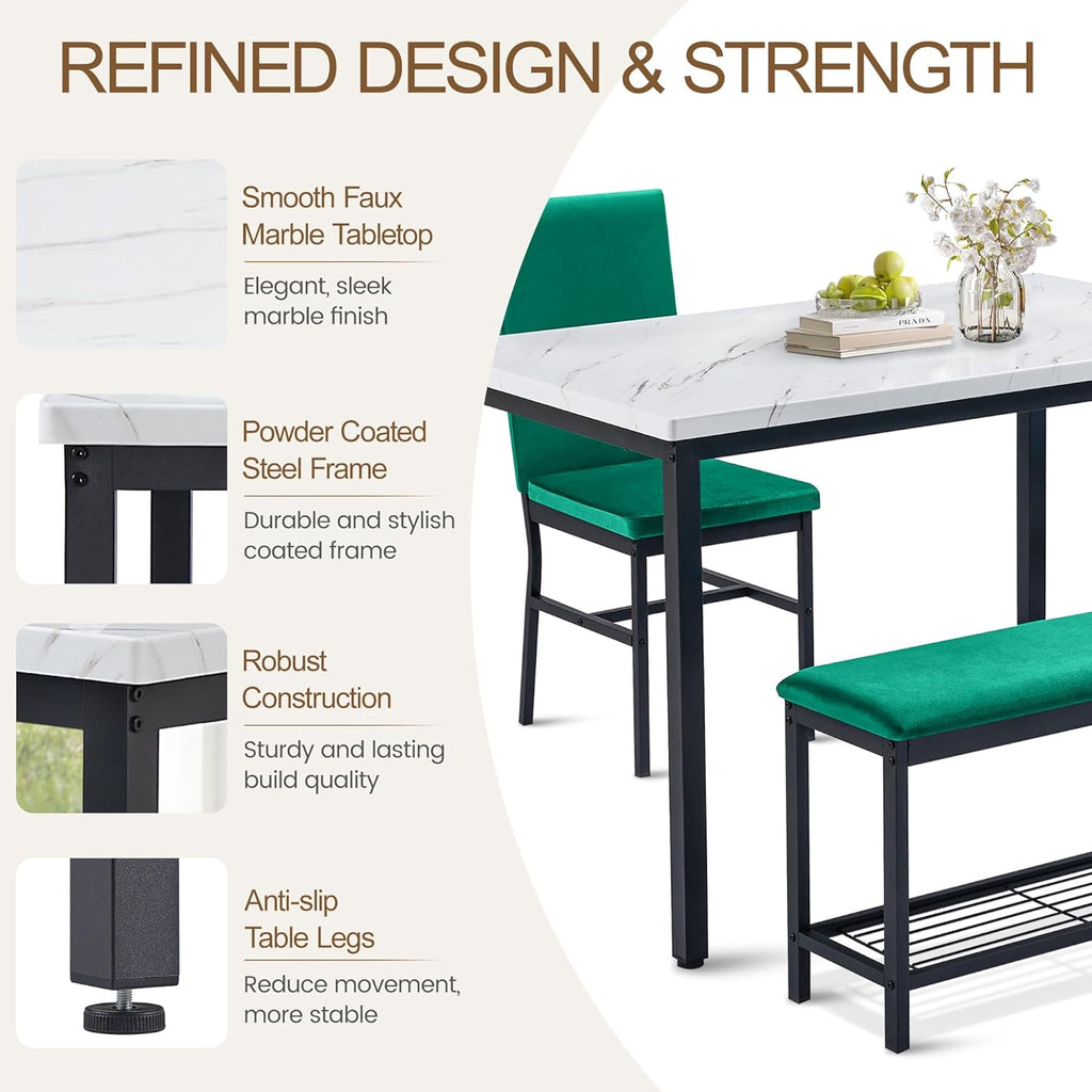 Dining Table Set for 4, 47.2" Faux Marble Kitchen Table Set with Upholstered Velvet Chairs and Bench, 4-Person Rectangular Space Saving Dinette Set for Apartment, Restaurant, Home (Green)