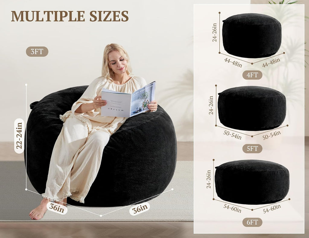WSOFRLAC 3FT Bean Bag Chair, Comfy Bean Bag Chairs for Adults, Luxury Velvet Memory Foam Stuffed Beans Bags with Removable Cover, Adult Beanbag Chair with Filler for Living Room, Bedroom, Black