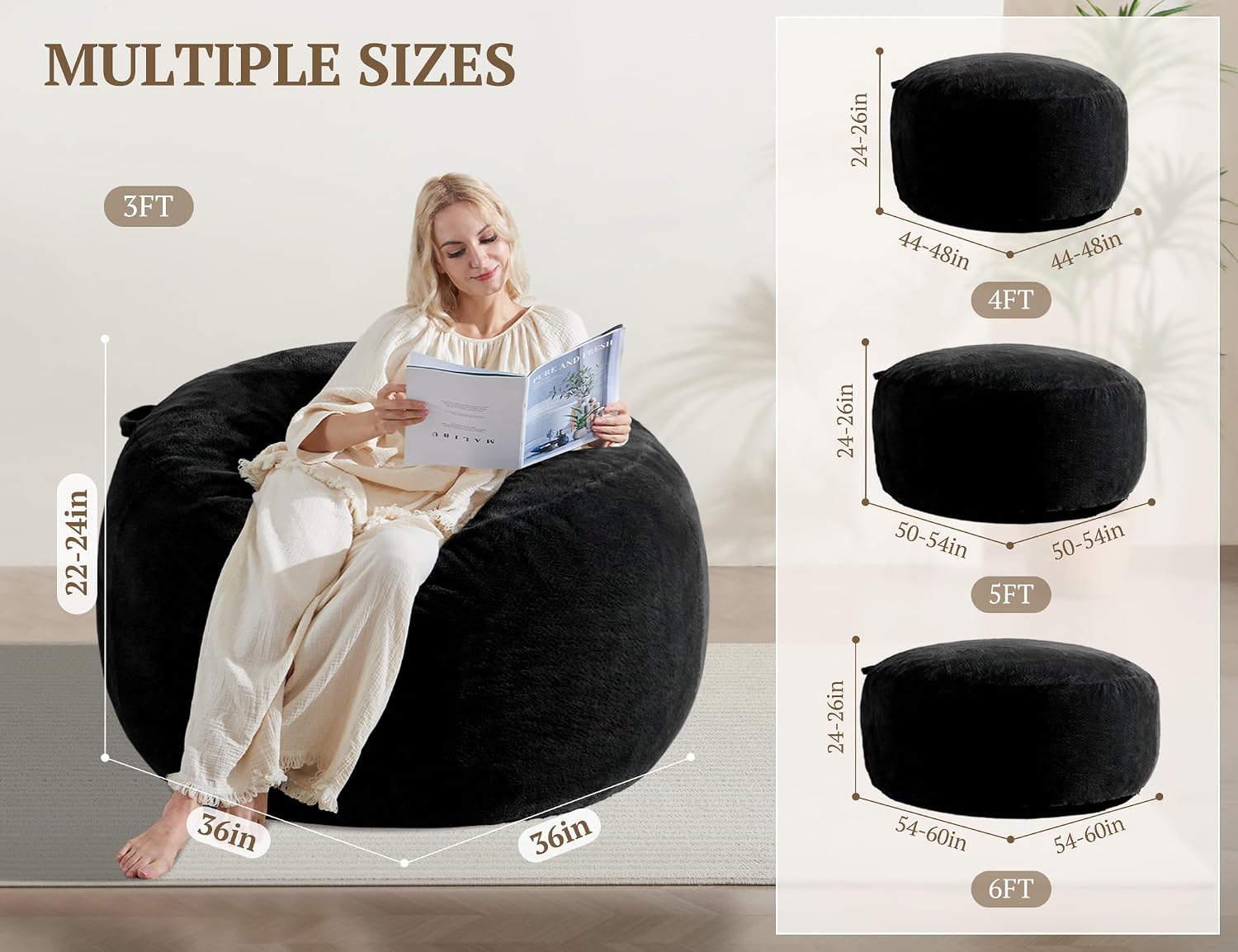 WSOFRLAC 3FT Bean Bag Chair, Comfy Bean Bag Chairs for Adults, Luxury Velvet Memory Foam Stuffed Beans Bags with Removable Cover, Adult Beanbag Chair with Filler for Living Room, Bedroom, Black