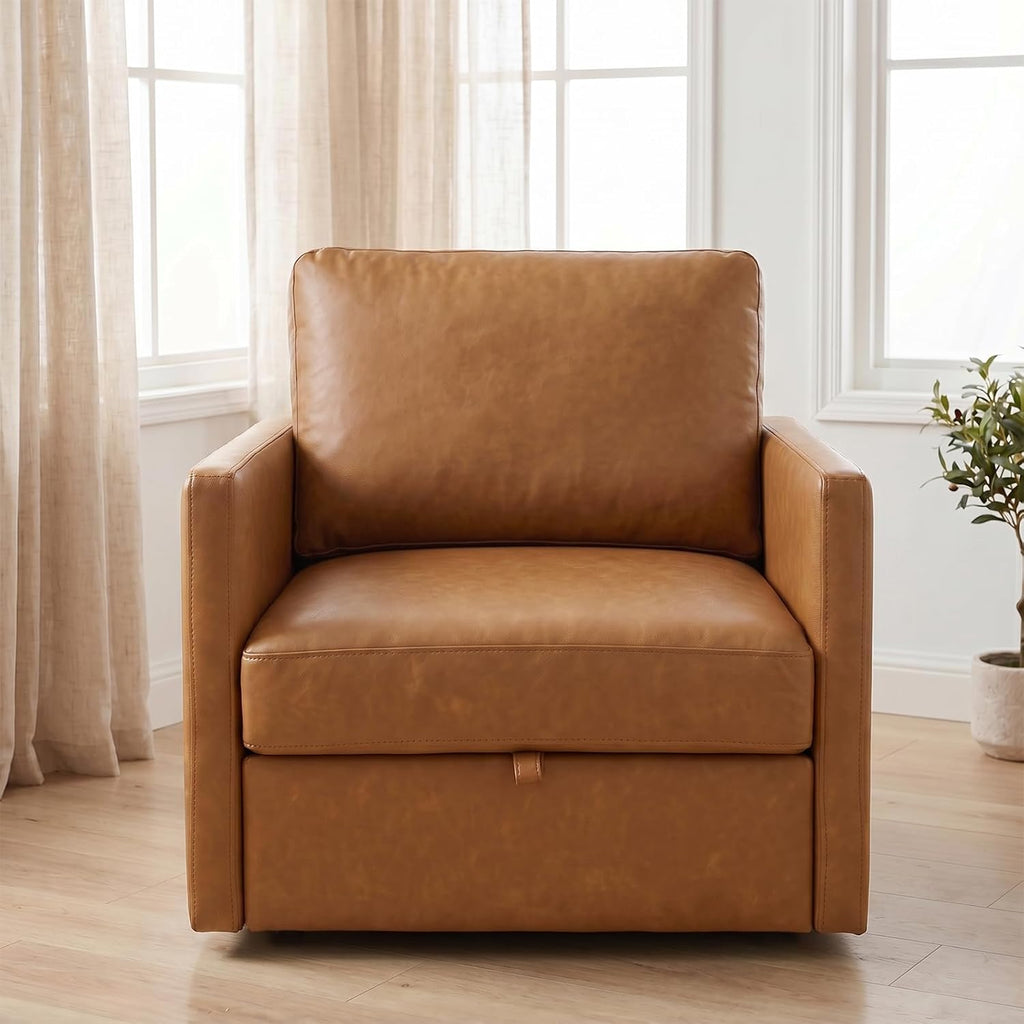 Swivel Accent Chair with Hidden Storage, Mid Century Modern Square Armchair, Comfy Upholstered Reading Single Sofa Chair for Living Room, Faux Leather, Brown, 1 Pack