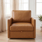 Swivel Accent Chair with Hidden Storage, Mid Century Modern Square Armchair, Comfy Upholstered Reading Single Sofa Chair for Living Room, Faux Leather, Brown, 1 Pack
