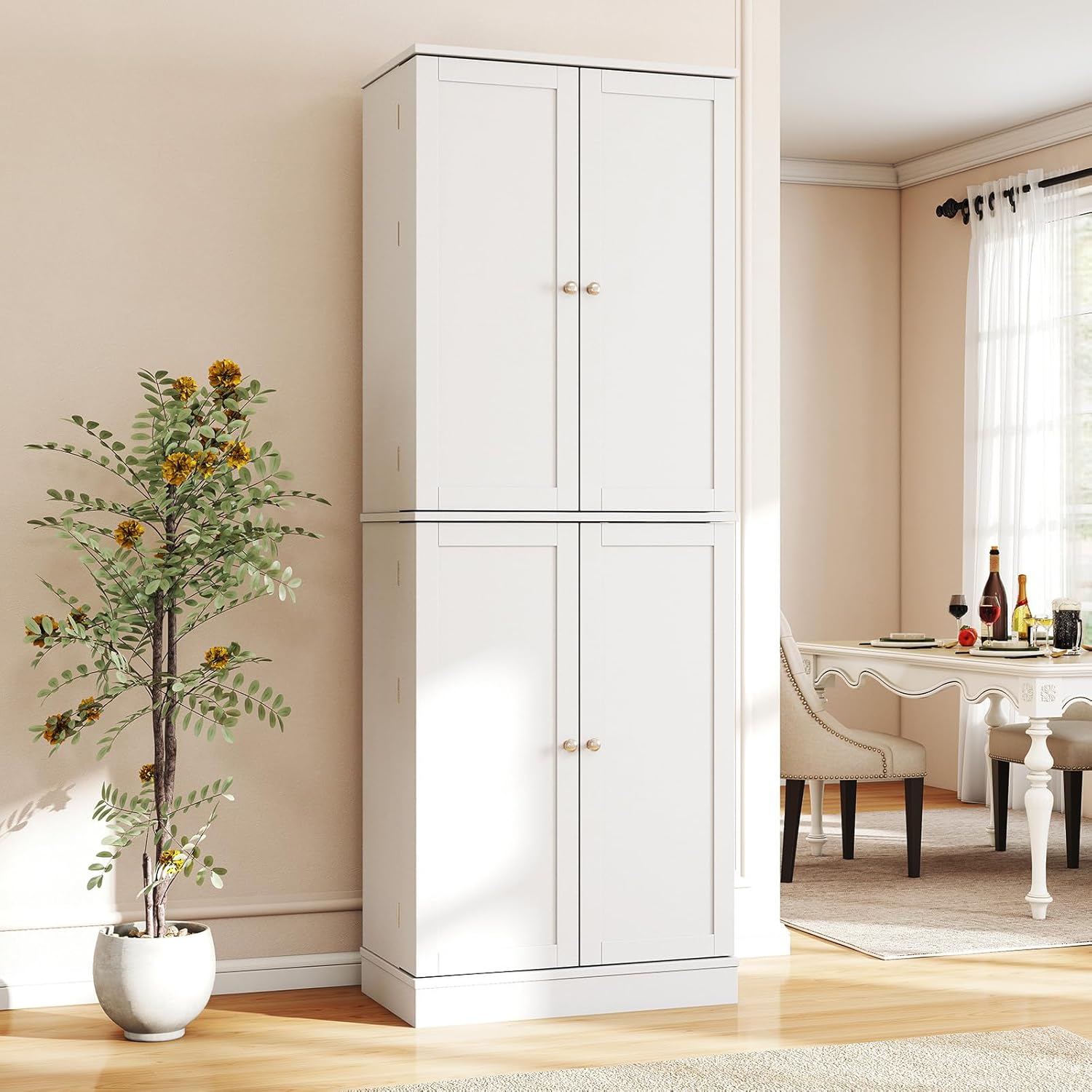 Byroce 65.5” Kitchen Pantry Cabinet, Storage Cabinet with 4 Doors & 8-Tier Shelves, Freestanding Kitchen Hutch Cupboard with Baffle, Tall Buffet Sideboard for Dining Room & Living Room (White)