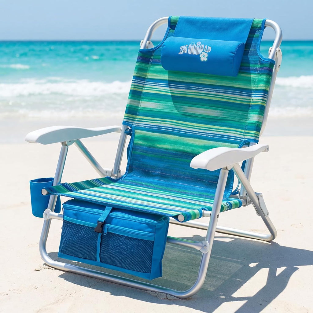 Old Bahama Bay Beach Chairs for Adults, 7-Position Classic Lay Flat Beach Chair Reclining Beach Chair, Portable Aluminum Backpack Beach Chair with Towel Bar & Cooler Bag