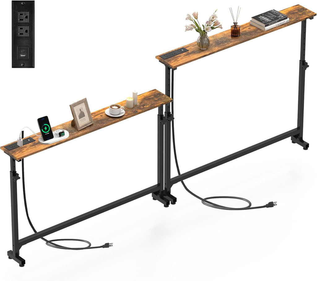 2 Pack Behind Couch Table with Charging Station, 78.8" Long Narrow Sofa Table, 8-Level Adjustable Height (23.6"-33.5"), Slim Side Table with USB-C & Outlets for Living Room, Rustic Brown