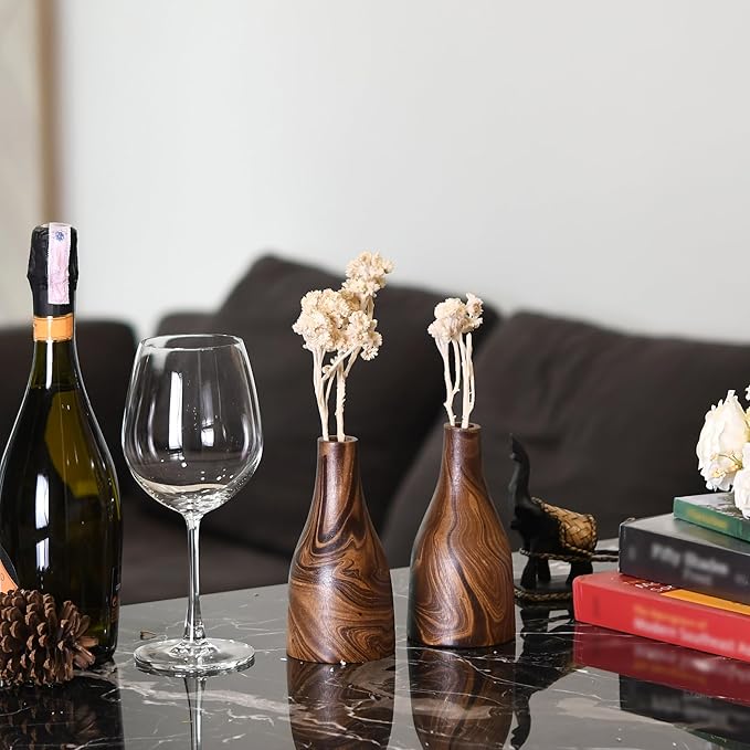 Aeravida Artistic Grain Pattern Natural Mango Tree Wood Flower Set of 2 Vase | Modern Farmhouse Home Décor | Kitchen Bedroom Living Room Home Decoration