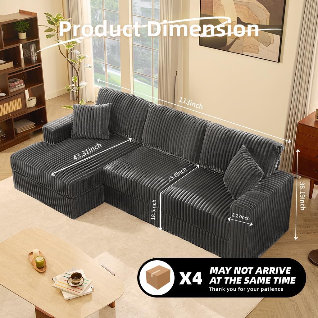 GOSUHI 113" L-Shaped Cloud Couch, Modular Sectional, Deep Seats, Grey | Pocket Spring Cushions, Oversized 3-Seater, Left Facing Chaise, Corduroy Upholstery Couches for Living Room