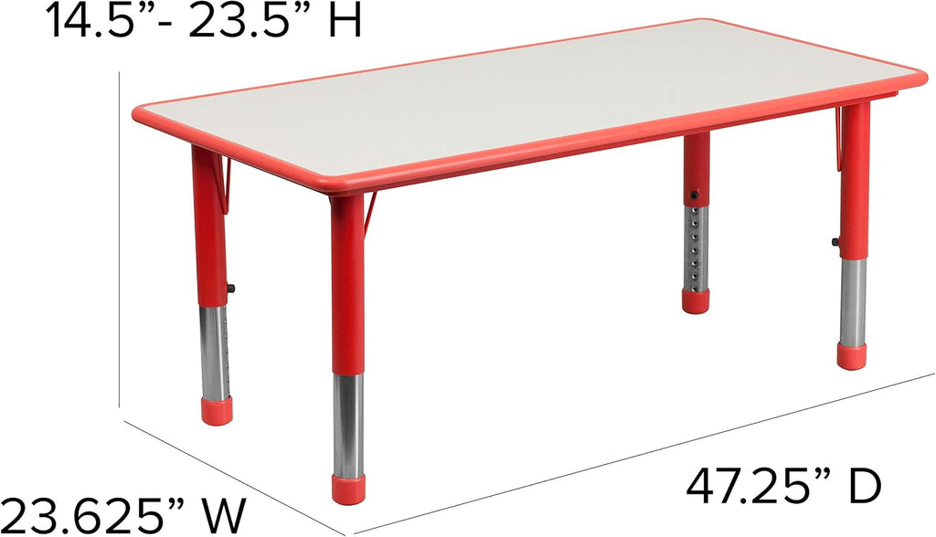 Flash Furniture Emmy 23.625''W x 47.25''L Rectangular Red Plastic Height Adjustable Activity Table Set with 4 Chairs