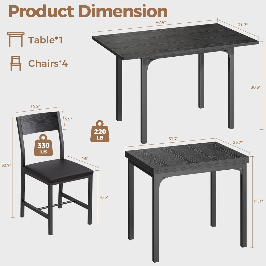 IRONCK Dining Table Set for 4, Extendable Kitchen Table Chairs Set of 4 | Dining Room Table with 4 Upholstered Chairs, Folding for Small Space, Apartment, Black