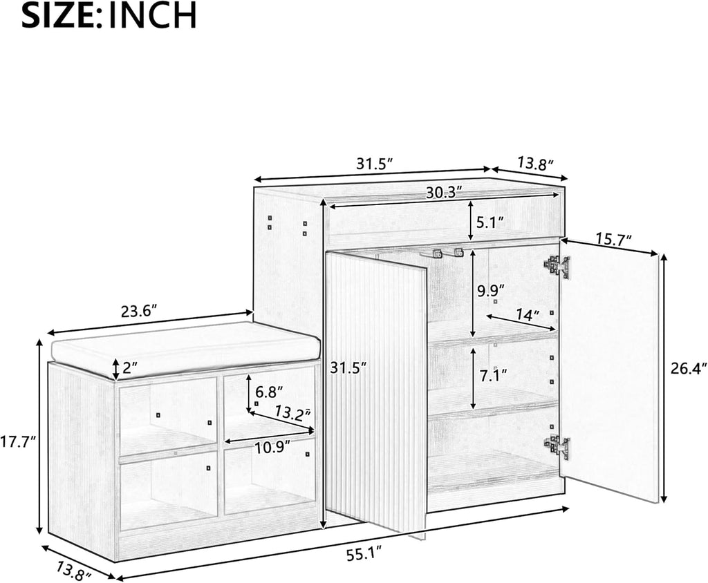 Modern Storage Cabinet with Shoe Bench, 2 Doors and 3-Tier Adjustable Shelves, Entryway Bench with 4 Open Shoe Racks and Removeble Cushion, Console Table with Wavy Slatted Door and Hooks (Beige+Black)