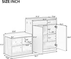 Modern Storage Cabinet with Shoe Bench, 2 Doors and 3-Tier Adjustable Shelves, Entryway Bench with 4 Open Shoe Racks and Removeble Cushion, Console Table with Wavy Slatted Door and Hooks (Beige+Black)