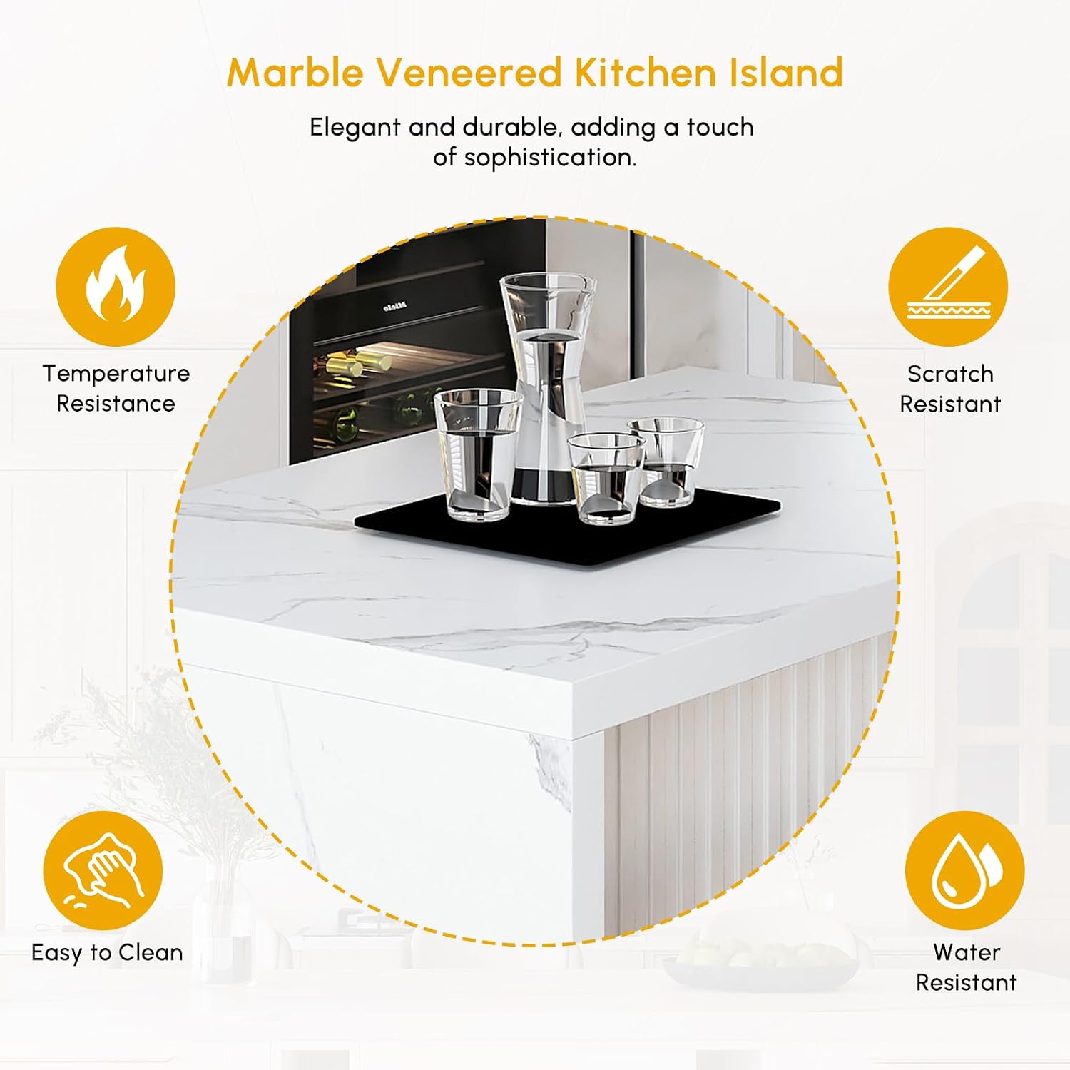 homary Kitchen Island with Storage & Wine Rack, 50" Modern White Kitchen Cabinet with Wood Top, Large Fixed Island with 3 Drawers & 6 Adjustable Shelves