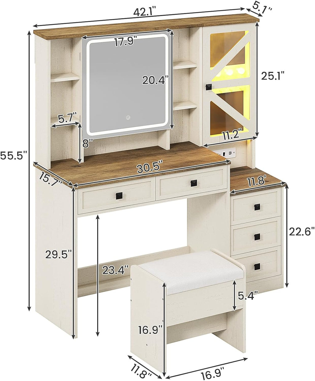 AOGLLATI Farmhouse Vanity Desk with Mirror and Lights, Makeup Vanity Set with Lights & Jewelry Cabinet & 5 Drawers, Vanity Table with Charging Station, Hidden Storage Space for Bedroom, Antique White