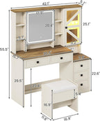 AOGLLATI Farmhouse Vanity Desk with Mirror and Lights, Makeup Vanity Set with Lights & Jewelry Cabinet & 5 Drawers, Vanity Table with Charging Station, Hidden Storage Space for Bedroom, Antique White