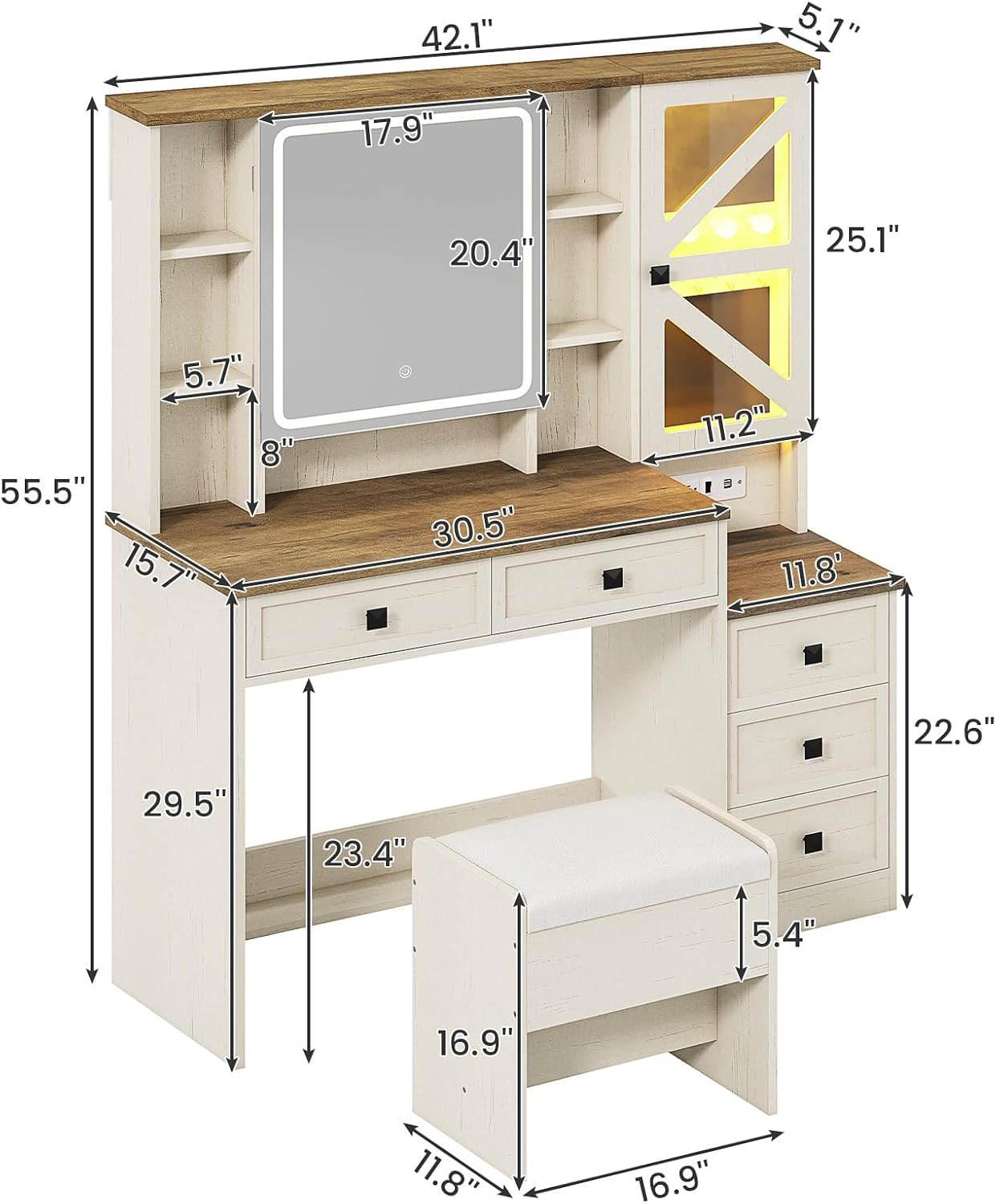 AOGLLATI Farmhouse Vanity Desk with Mirror and Lights, Makeup Vanity Set with Lights & Jewelry Cabinet & 5 Drawers, Vanity Table with Charging Station, Hidden Storage Space for Bedroom, Antique White