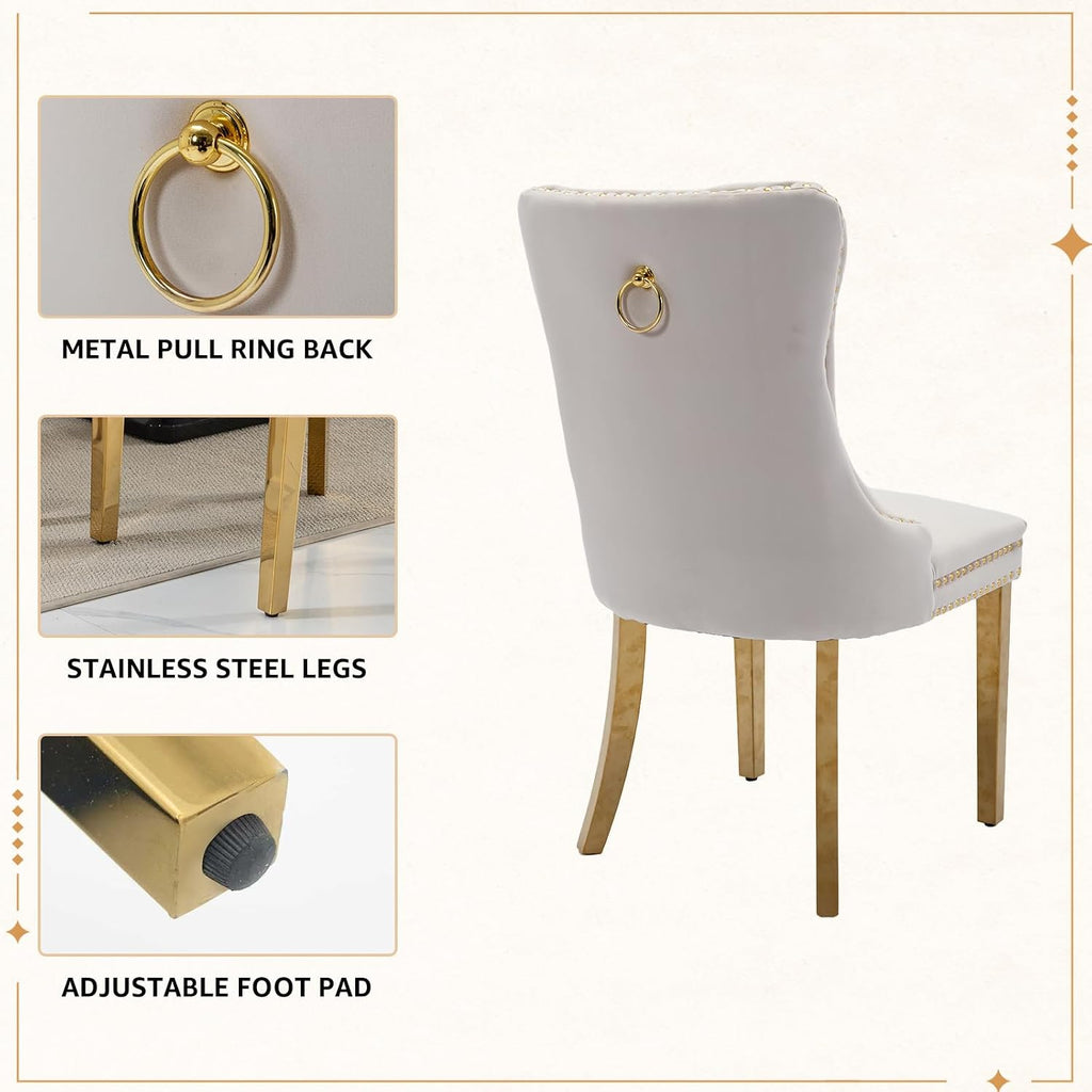 Velvet Dining Chairs Set of 4, Tufted Upholstered High Wingback Chairs with Nailhead Trim & Pull Ring, Golden Stainless Steel Legs for Dining Room, Sillas de Comedor, Beige