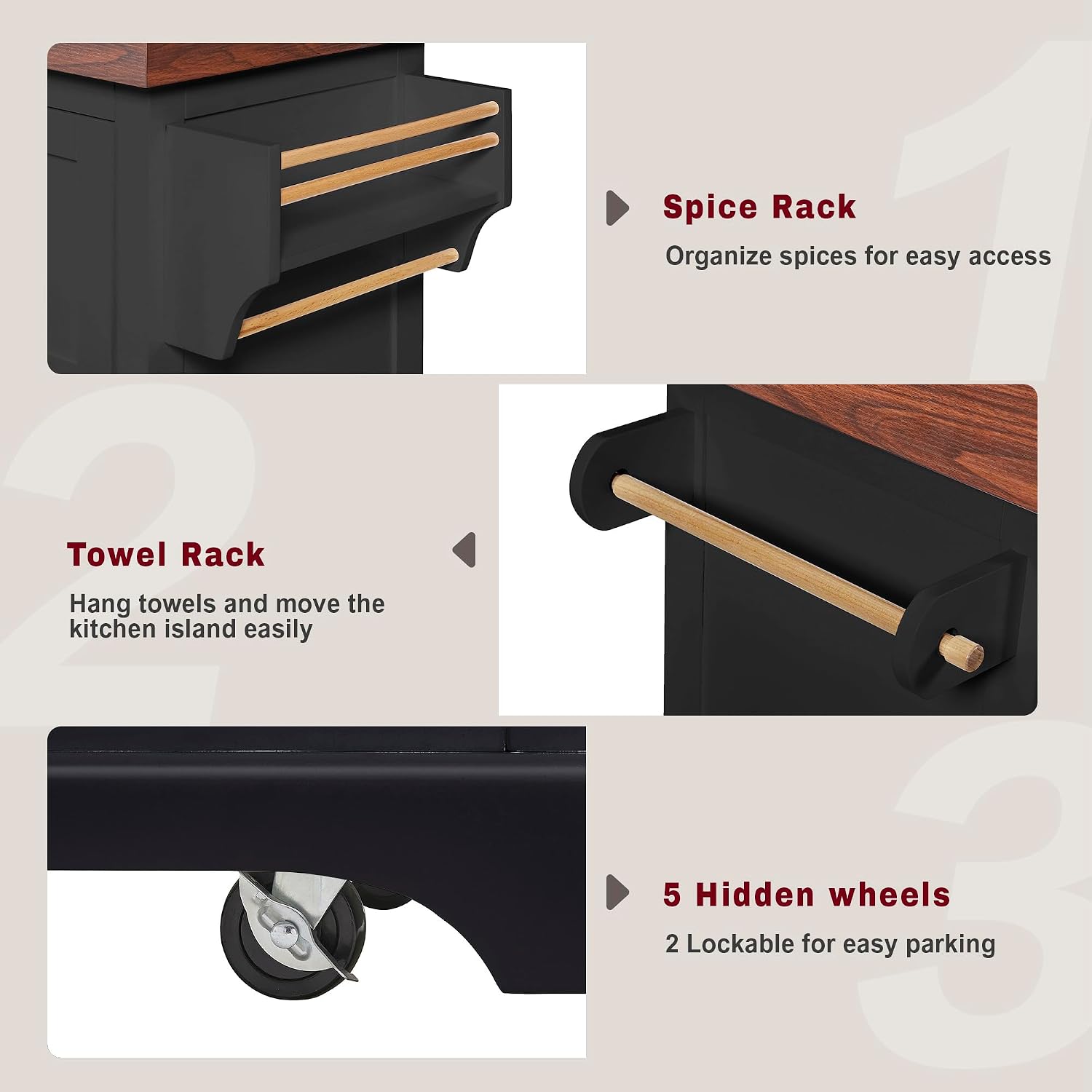 53" Large Kitchen Island with 3.5" Thick Desktop, Spice and Towel Racks, Rolling Kitchen Island with Storage on 5 Wheels, 2 Extra-Large Drawers, for Home, Kitchen, Dining Room, Black