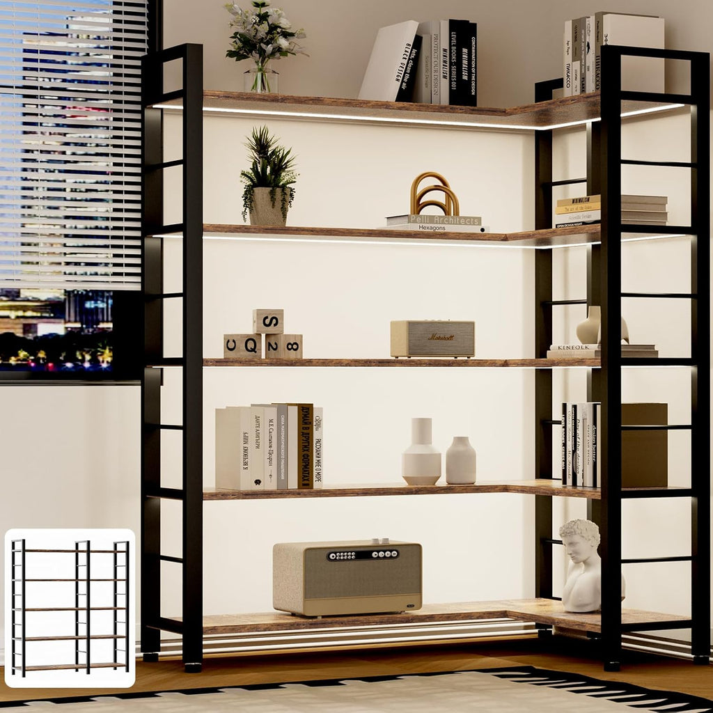 INNOD 65" X 50" Straight Wide 5 Tier Bookshelf with LED Light, L Shaped Bookcase with Adjustable Feet, Corner Book Case with 10 Open Shelves, Shelf Unit Display Shelf for Living Room, Home Office