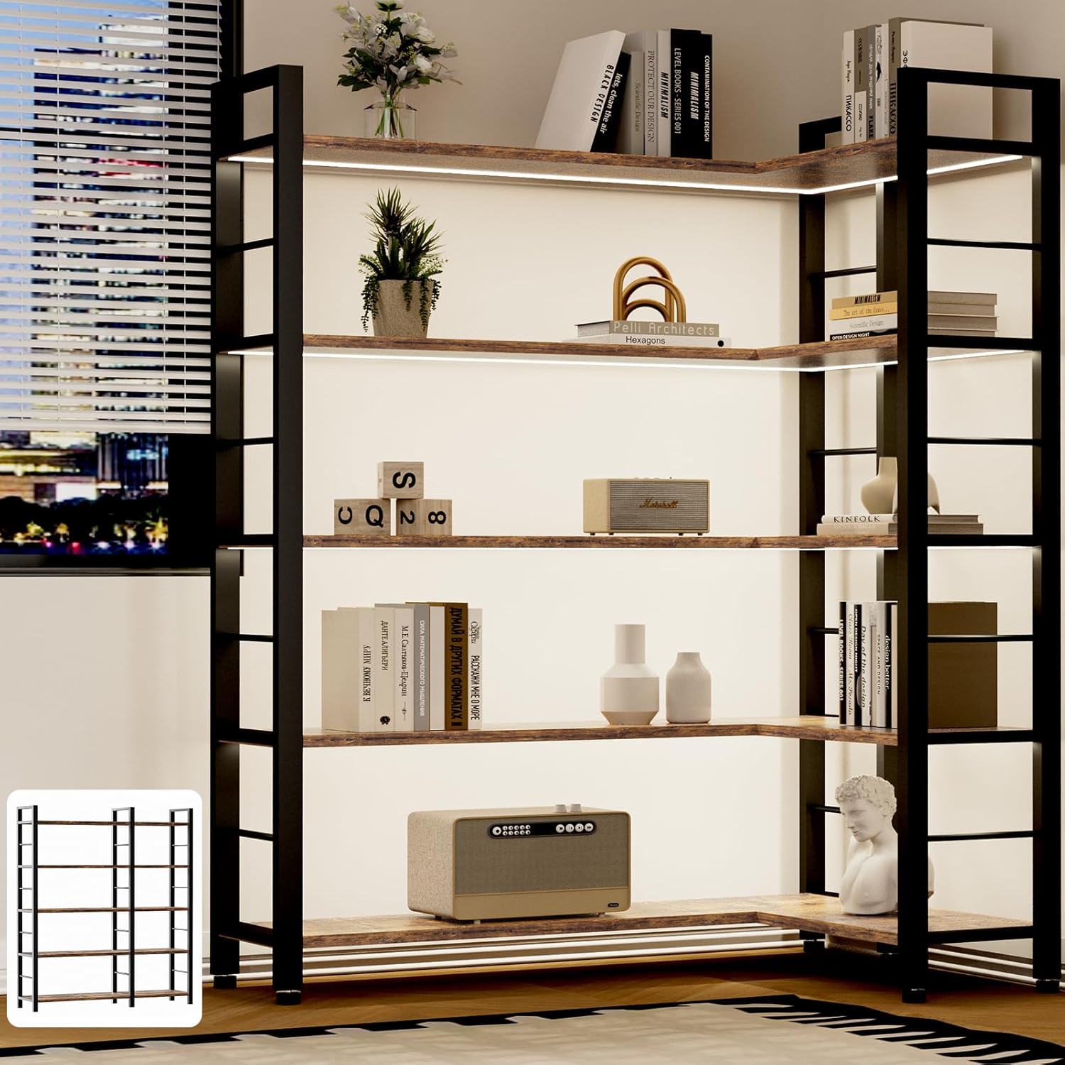 INNOD 65" X 50" Straight Wide 5 Tier Bookshelf with LED Light, L Shaped Bookcase with Adjustable Feet, Corner Book Case with 10 Open Shelves, Shelf Unit Display Shelf for Living Room, Home Office