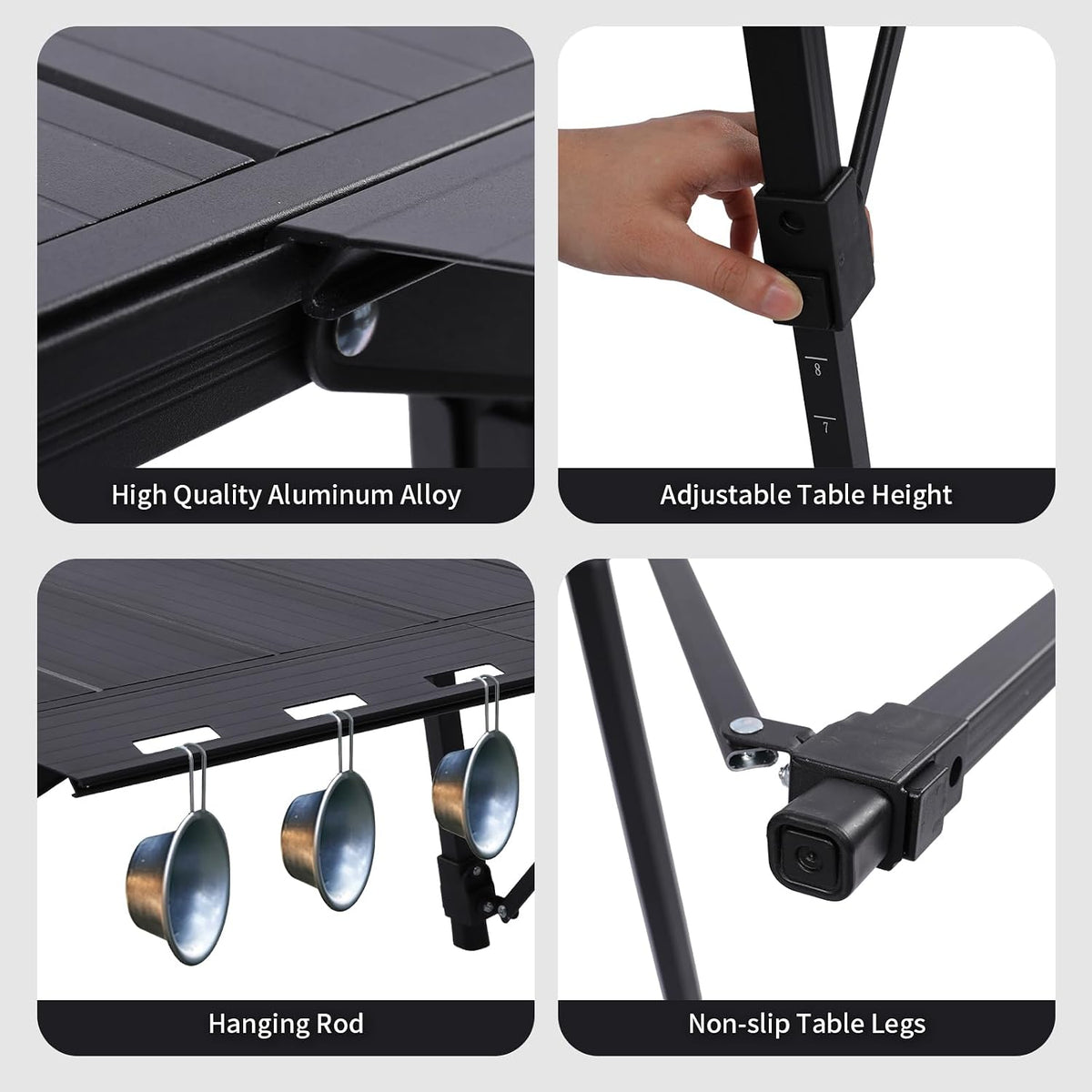 Aircity Folding Camping Table, Portable Aluminum Table, Adjustable Height | Lightweight Foldable Outdoor Table with Carry Bag for BBQ, Picnic, Beach, Travel, Camping Cooking and Outdoor Activities