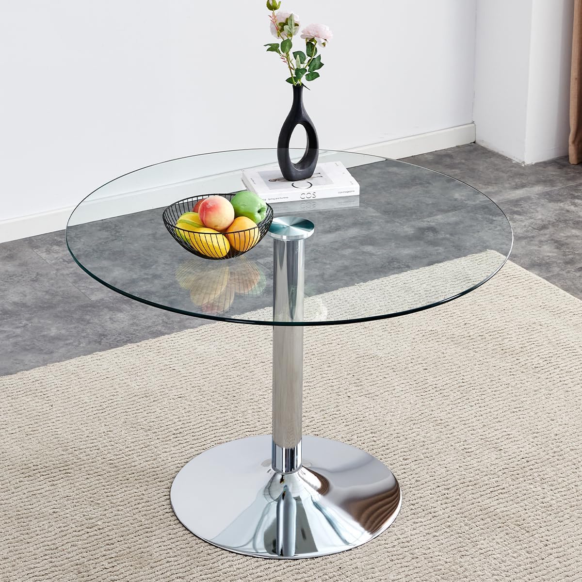 gopop 40" Round Glass Dining Table, Modern Kitchen Table with Tempered Glass Top & Stainless Steel Silver Leg, Clear Dining Room Table for Kitchen Dinner Room.