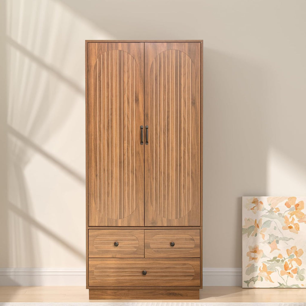 Jluomei Armoire Wardrobe Closet with Doors, Wardrobe Cabinet with 3 Drawers, Wooden Large Clothing Storage Cabinet with Hanging Rod and Shelf, Mid-Century Modern Tall Closet for Bedroom, Walnut