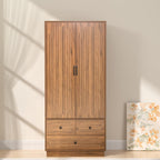 Jluomei Armoire Wardrobe Closet with Doors, Wardrobe Cabinet with 3 Drawers, Wooden Large Clothing Storage Cabinet with Hanging Rod and Shelf, Mid-Century Modern Tall Closet for Bedroom, Walnut