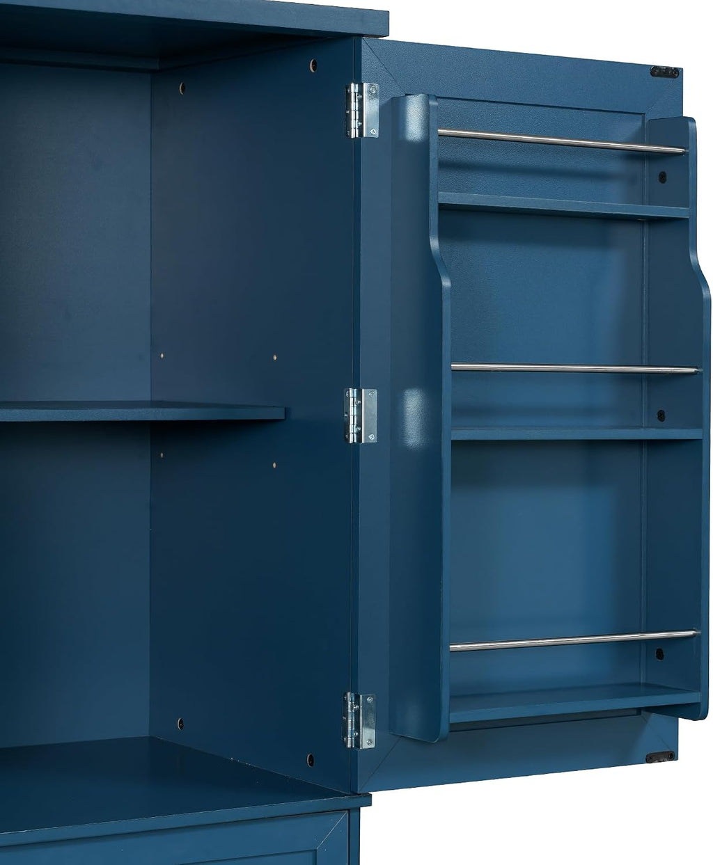 VilroCaz Freestanding 4 Doors Kitchen Pantry, Wood Kitchen Cupboard Storage Cabinet with 6 Door Shelves, Drawer and 3 Pull-Out Trays for Dining Room (Blue-4.14)