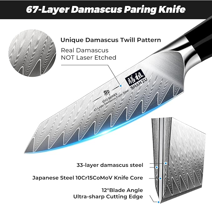 SHAN ZU Damascus Paring Knife Fruit Knife 4 Inch Professional Kitchen Knives, Japanese Damascus High Carbon Steel 67-Layer Fruit Carving Knives with G10 Handle/Gift Box