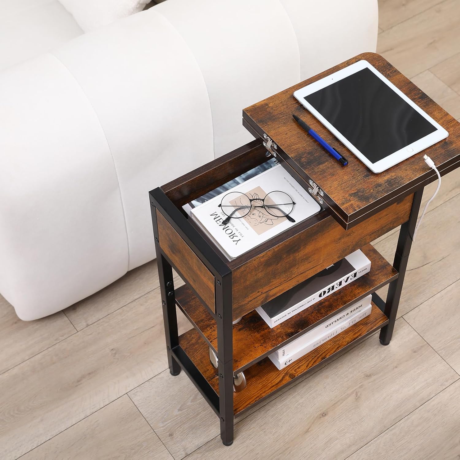 End Table with Charging Station, Narrow Side Table with USB Ports & Outlets, Flip-Top Nightstand with Storage Shelf, Small Bedside Table for Living Room, Bedroom, Small Space,Rustic Brown