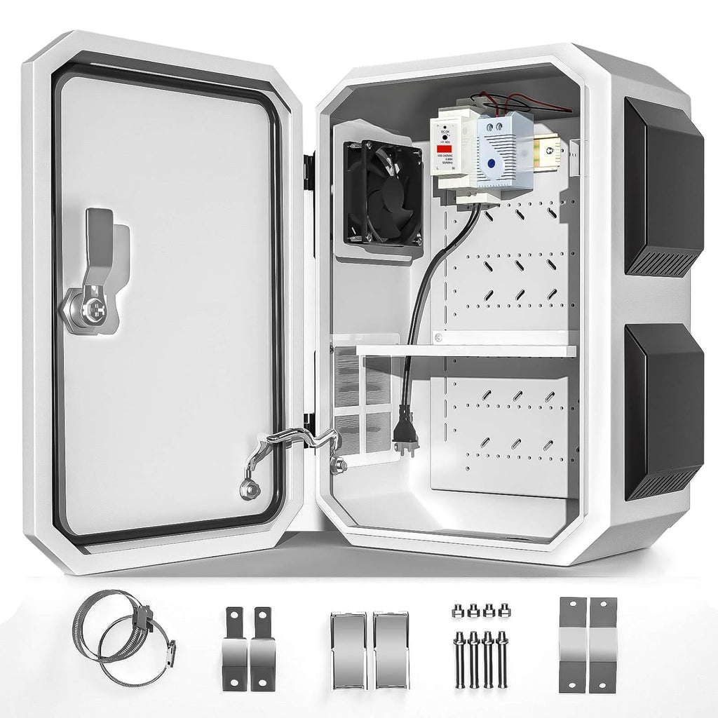 Outdoor Electrical Box with Thermostat and Fan, Cold-Rolled Steel Plate, Aluminum Alloy Back Beam, One-Piece Ventilation Design, IP65 Waterproof, Wall/Pole Mounted. (17.7" x 13.8" x 7.9")