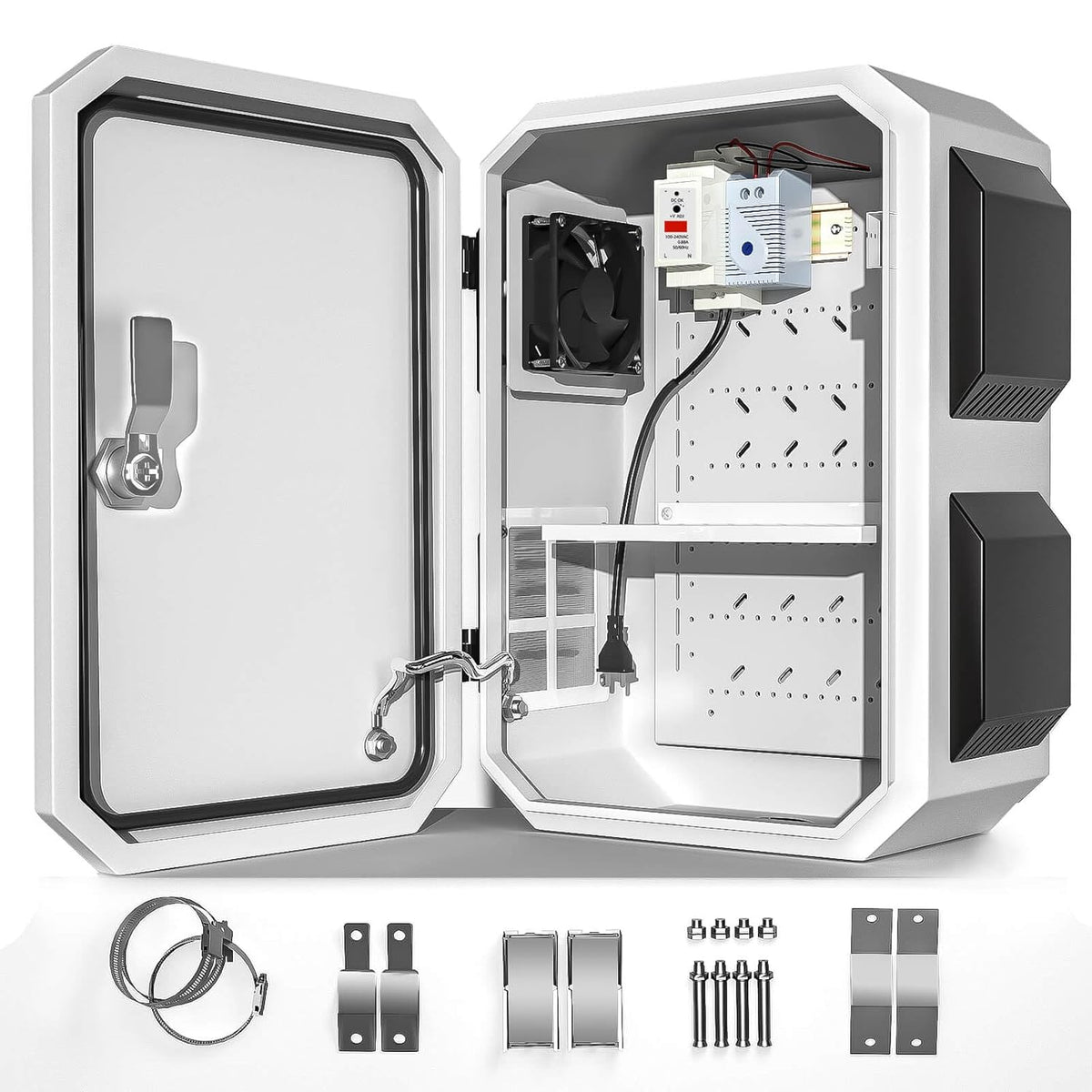 Outdoor Electrical Box with Thermostat and Fan, Cold-Rolled Steel Plate, Aluminum Alloy Back Beam, One-Piece Ventilation Design, IP65 Waterproof, Wall/Pole Mounted. (17.7" x 13.8" x 7.9")