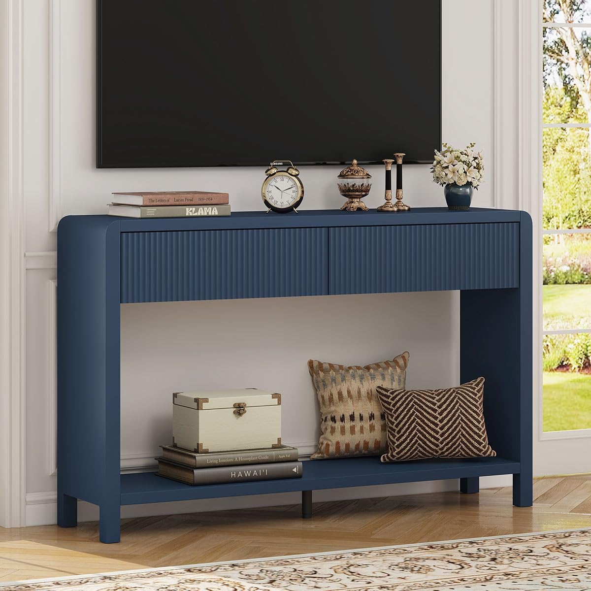 FATORRI Console Sofa Table for Entryway, 47.2 Inch Wood Hallway Tables for Living Room, Modern Couch Table behinde Sofa with 2 Drawers for Foyer Storage (Blue)