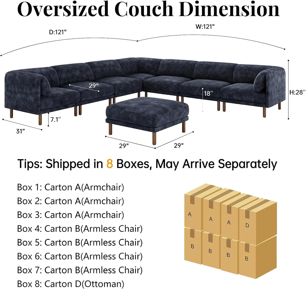 Cloud Sectional Couches for Living Room,Modular Sectional Sofa,Blue | Extra Deep 8 Seater,Mid Century Modern Oversized Couches With Ottoman,Solid Wood Leg,Large Sofa for Big Space,Office
