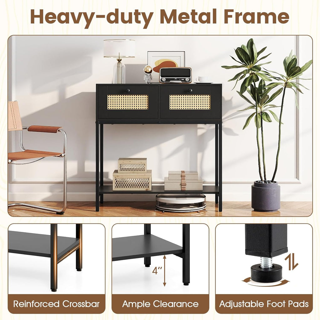 GOFLAME Rattan Console Table, Boho Entryway Table with 2 Drawers & Open Storage Shelf, Narrow Long Sofa Table with Metal Legs, Foyer Table Behind Couch Table for Living Room, Hallway, Black
