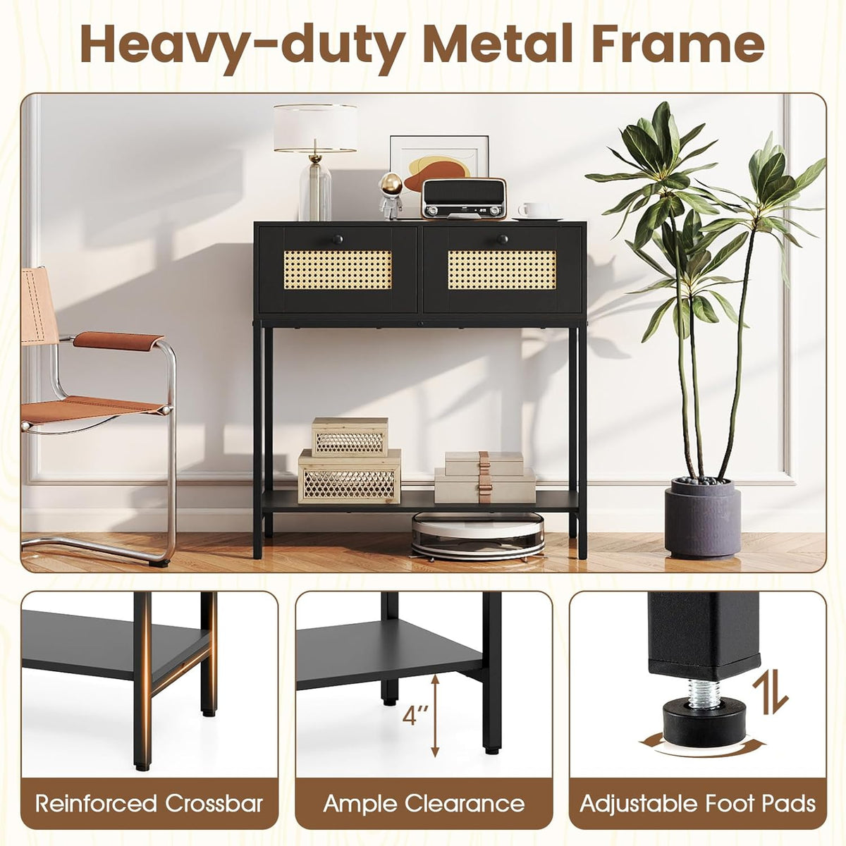 GOFLAME Rattan Console Table, Boho Entryway Table with 2 Drawers & Open Storage Shelf, Narrow Long Sofa Table with Metal Legs, Foyer Table Behind Couch Table for Living Room, Hallway, Black