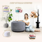 Round Stuffed Pouf Ottoman (Gray, 26" D x 26" W x 18" H) | Corduroy Foot Rest with Rebound Foam Filling, Furry and Fluffy Foot Stool Ottoman, Floor Poufs for Living Room