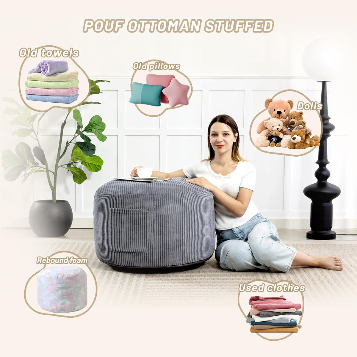 Round Stuffed Pouf Ottoman (Gray, 26" D x 26" W x 18" H) | Corduroy Foot Rest with Rebound Foam Filling, Furry and Fluffy Foot Stool Ottoman, Floor Poufs for Living Room